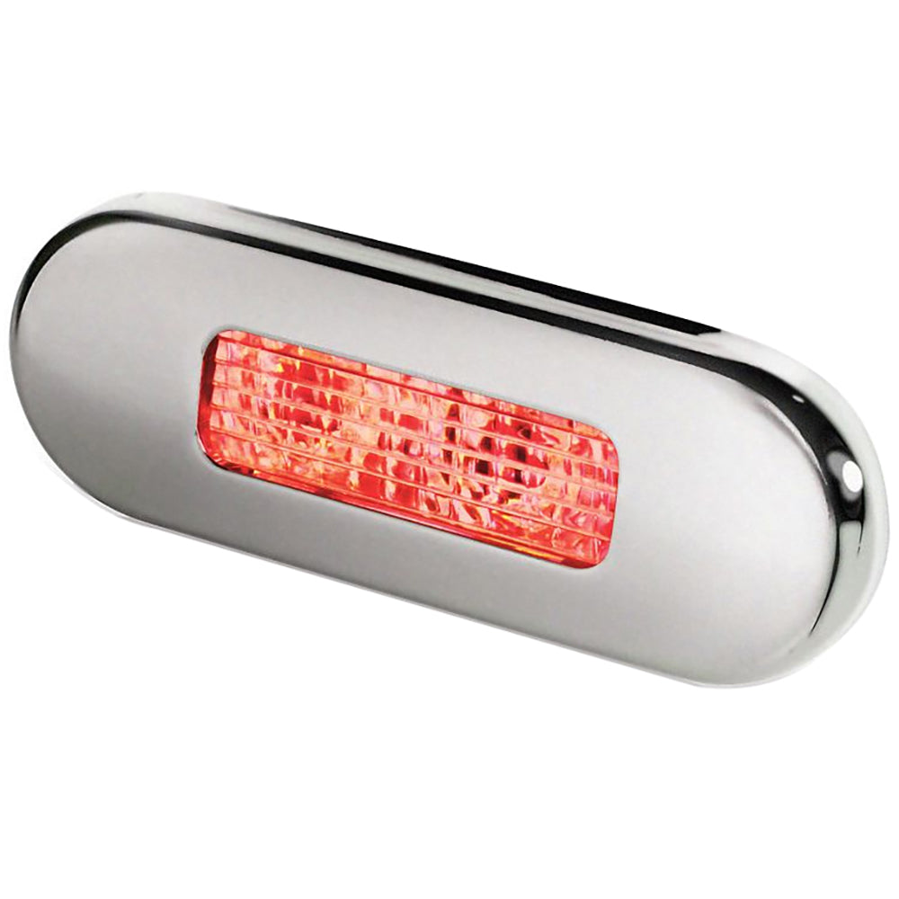 Hella Marine surface mount oblong LED courtesy lamp with red LED and stainless steel bezel for interior lighting.