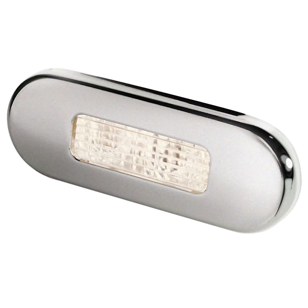 Hella Marine surface mount oblong LED courtesy lamp with warm white light and stainless steel bezel for interior use.