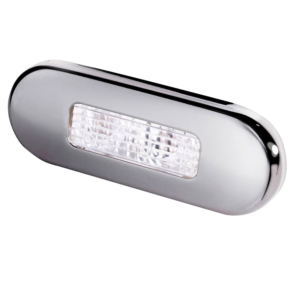 Hella Marine surface mount oblong LED courtesy lamp with white LED and stainless steel bezel for interior lighting.