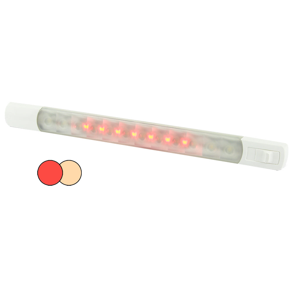 Hella Marine surface strip interior courtesy light with switch, warm white and red LEDs, 12V marine lighting for boats.