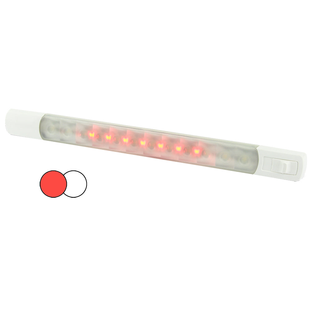 Hella Marine surface strip interior courtesy light with white and red LEDs and switch, designed for 12V marine applications.