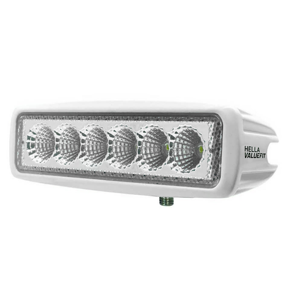 Hella Marine Value Fit Mini 6 LED flood light bar in white, compact marine lighting fixture with bright LED illumination.