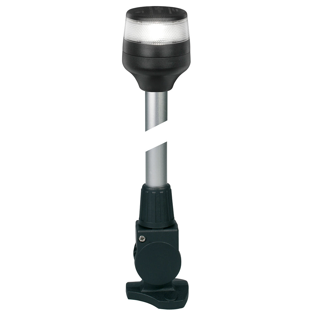 Hella Marine NaviLED 360 Compact All Round Navigation Light in black with 24-inch fold-down base, 2 nautical mile visibility.