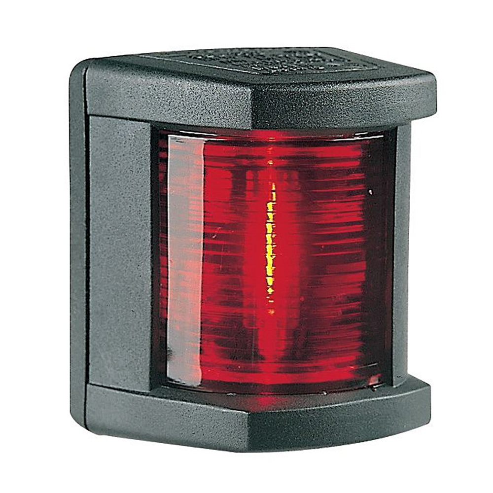 Hella Marine port navigation lamp with black housing, incandescent bulb, 1 nautical mile visibility, 12V power, for marine vessels.