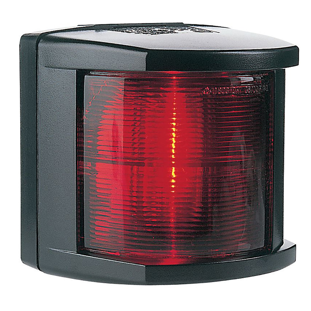 Hella Marine port navigation light with black housing, incandescent bulb, 12V, 2 nautical mile visibility, for marine vessels.