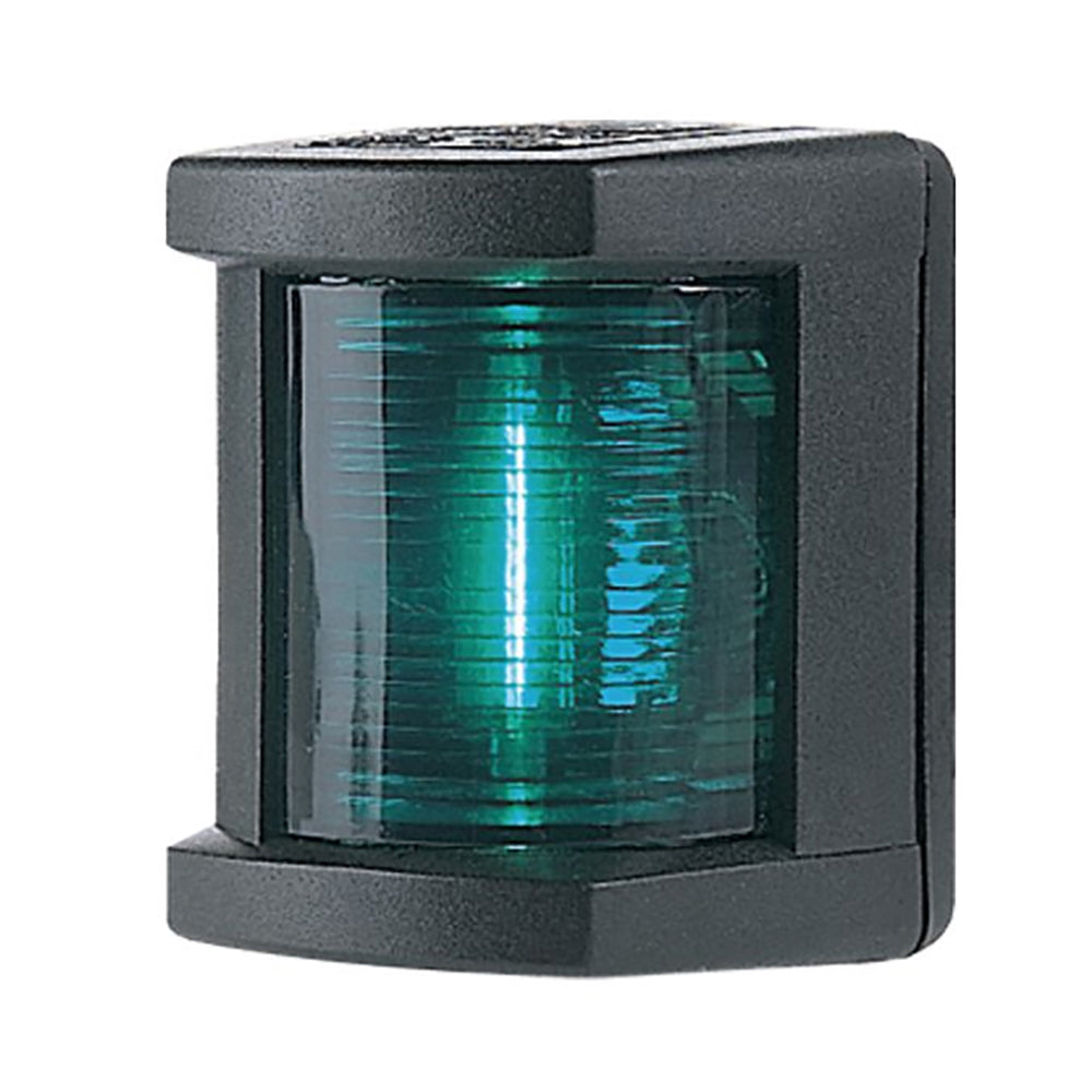 Hella Marine starboard navigation lamp with black housing, incandescent bulb, 1 nautical mile visibility, 12V, for marine vessels.