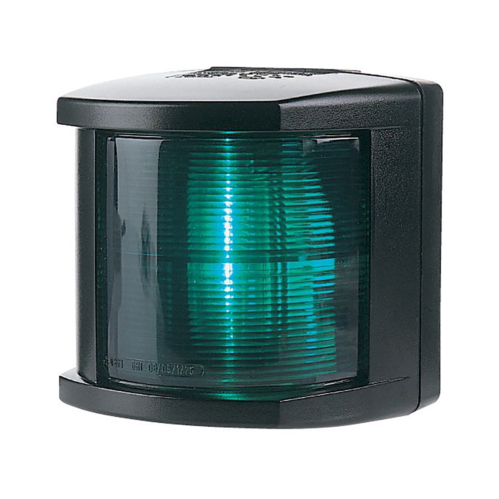Hella Marine starboard navigation light with black housing, incandescent bulb, 2 nautical mile visibility, 12V power for boats.