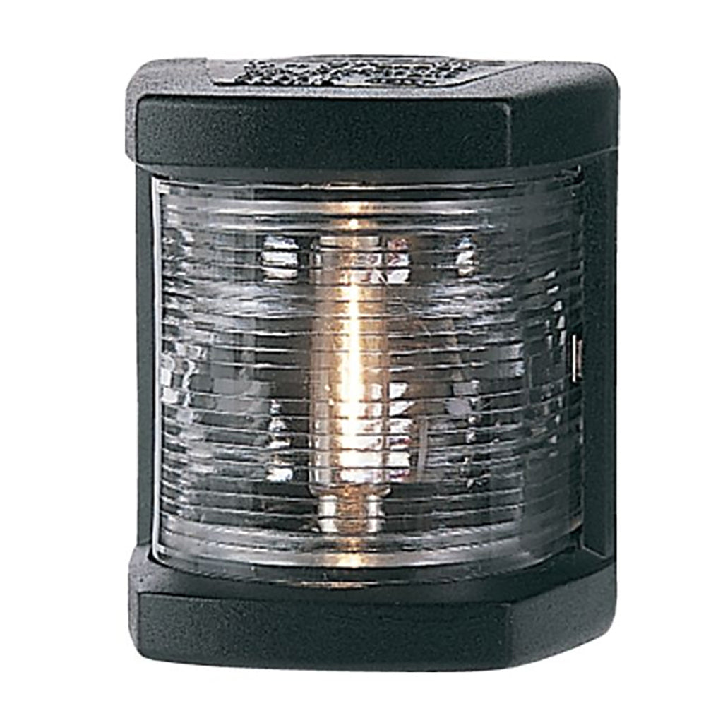 Hella Marine stern navigation lamp with black housing, incandescent bulb, 2 nautical mile visibility, 12V power for marine boats.