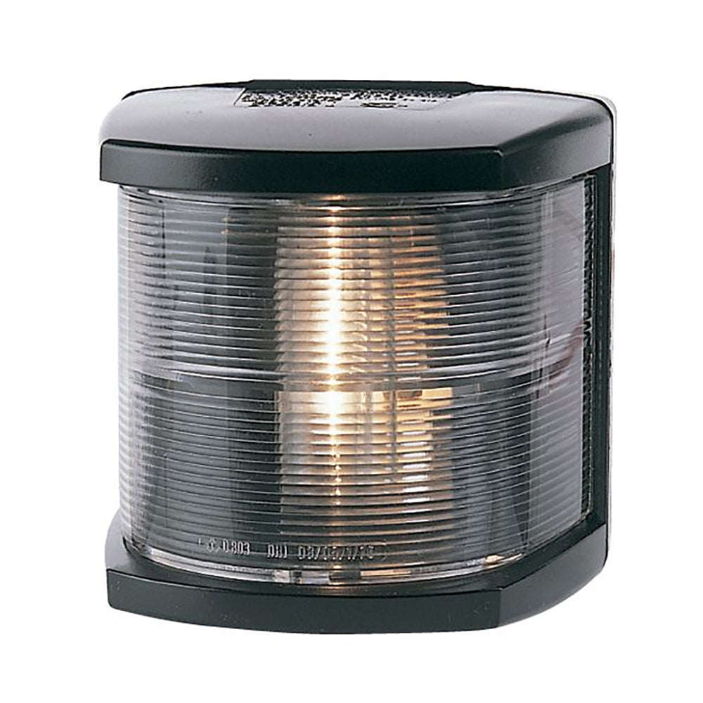 Hella Marine stern navigation light with black housing, incandescent bulb, 2 nautical mile visibility, 12V power for boats.