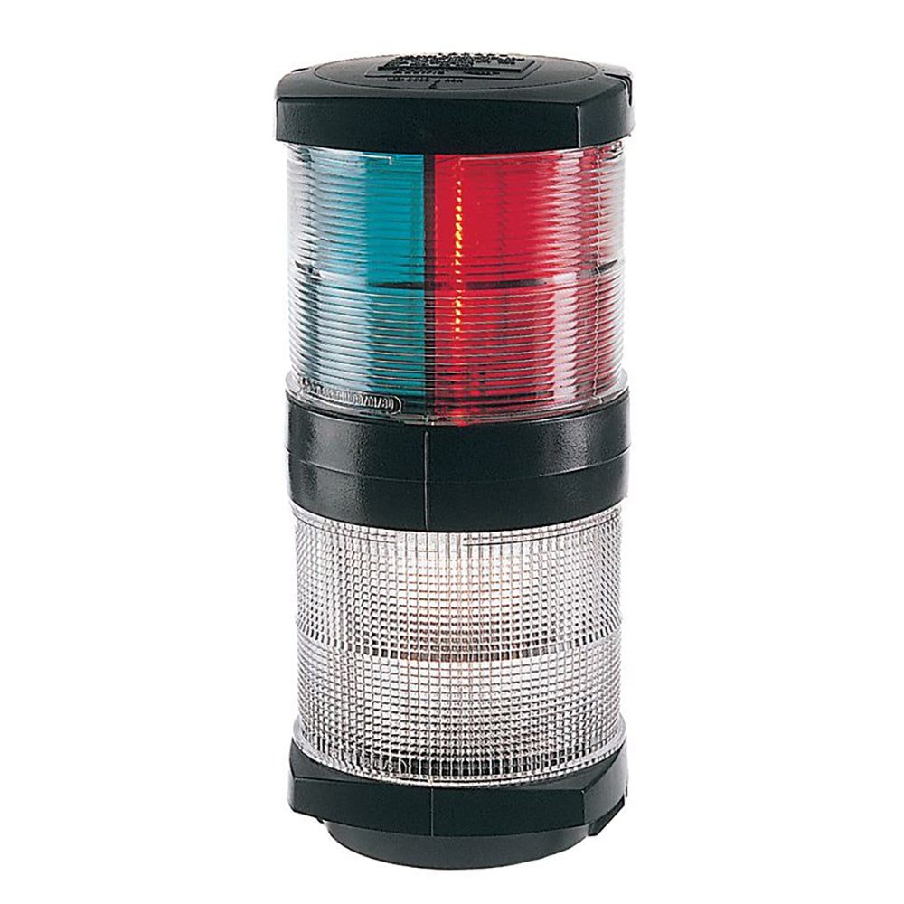 Hella Marine tri-color navigation light with black housing, incandescent bulb, 2 nautical miles, 12V, for boats and marine vessels.