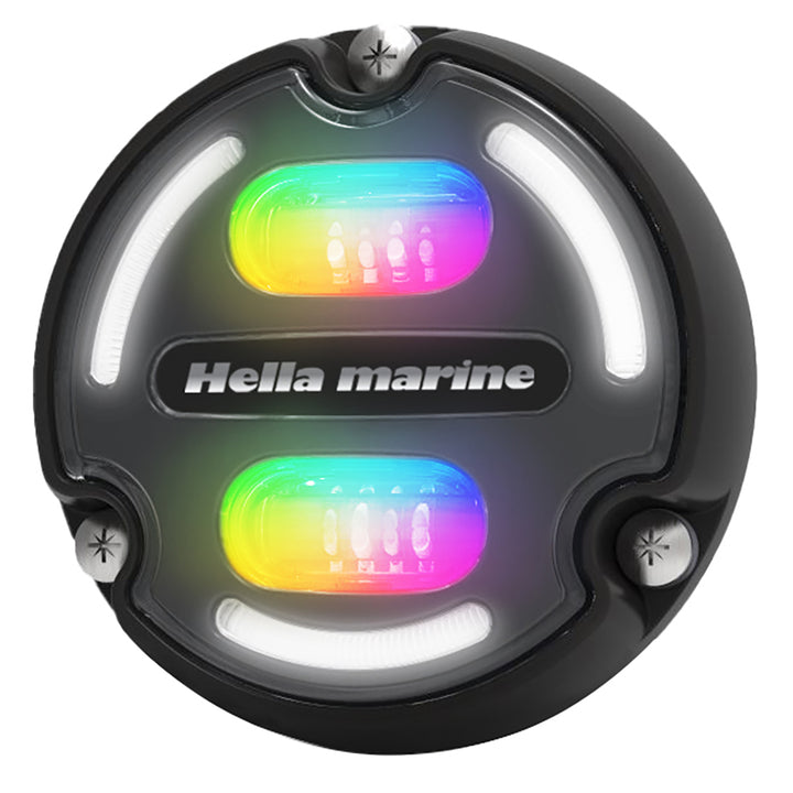 Hella Marine A2 RGB underwater light with black housing, charcoal lens, 3000 lumens, and edge light for marine illumination.