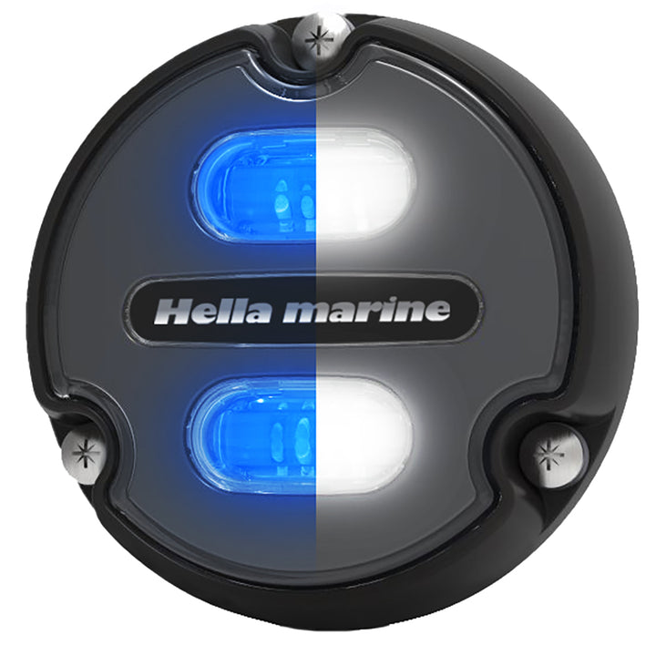 Hella Marine Apelo A1 underwater light with blue-white illumination, black housing, and charcoal lens, 1800 lumens, marine lighting.