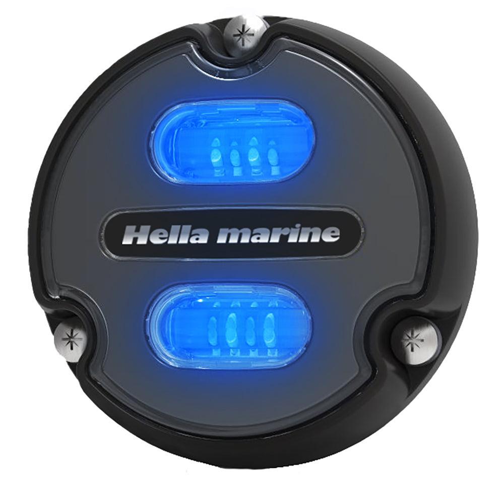 Hella Marine Apelo A1 underwater light with blue-white LED, black housing and charcoal lens, 1800 lumens for marine illumination.