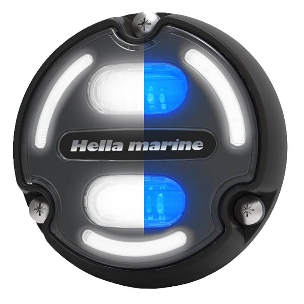 Hella Marine Apelo A2 underwater light with black housing, charcoal lens, blue-white illumination, and edge lighting for marine use