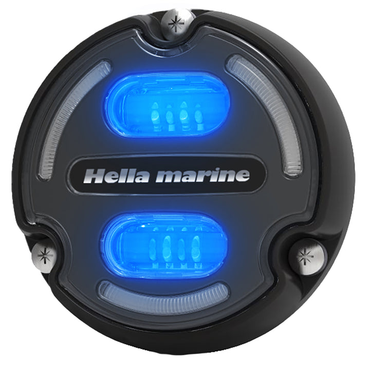 Hella Marine Apelo A2 underwater light with blue-white glow, black housing, charcoal lens, and edge light, 3000 lumens.