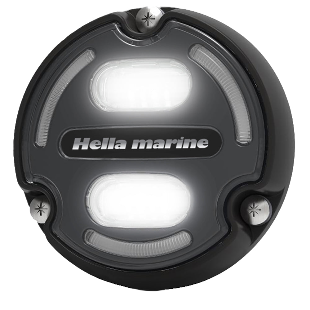 Hella Marine Apelo A2 underwater light with black housing, charcoal lens, edge light, emitting blue-white light, 3000 lumens.