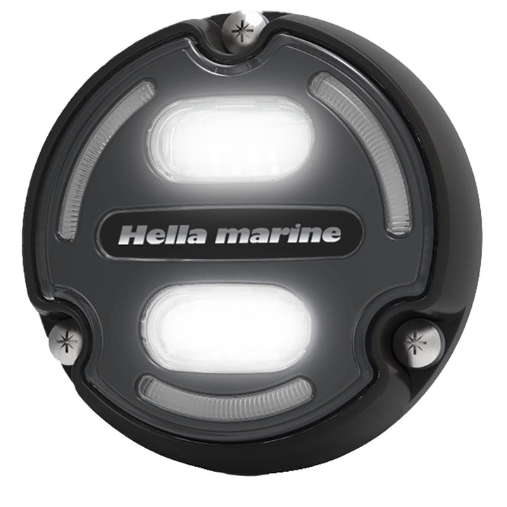 Hella Marine Apelo A2 underwater light with black housing, charcoal lens, edge light, emitting blue-white light, 3000 lumens.
