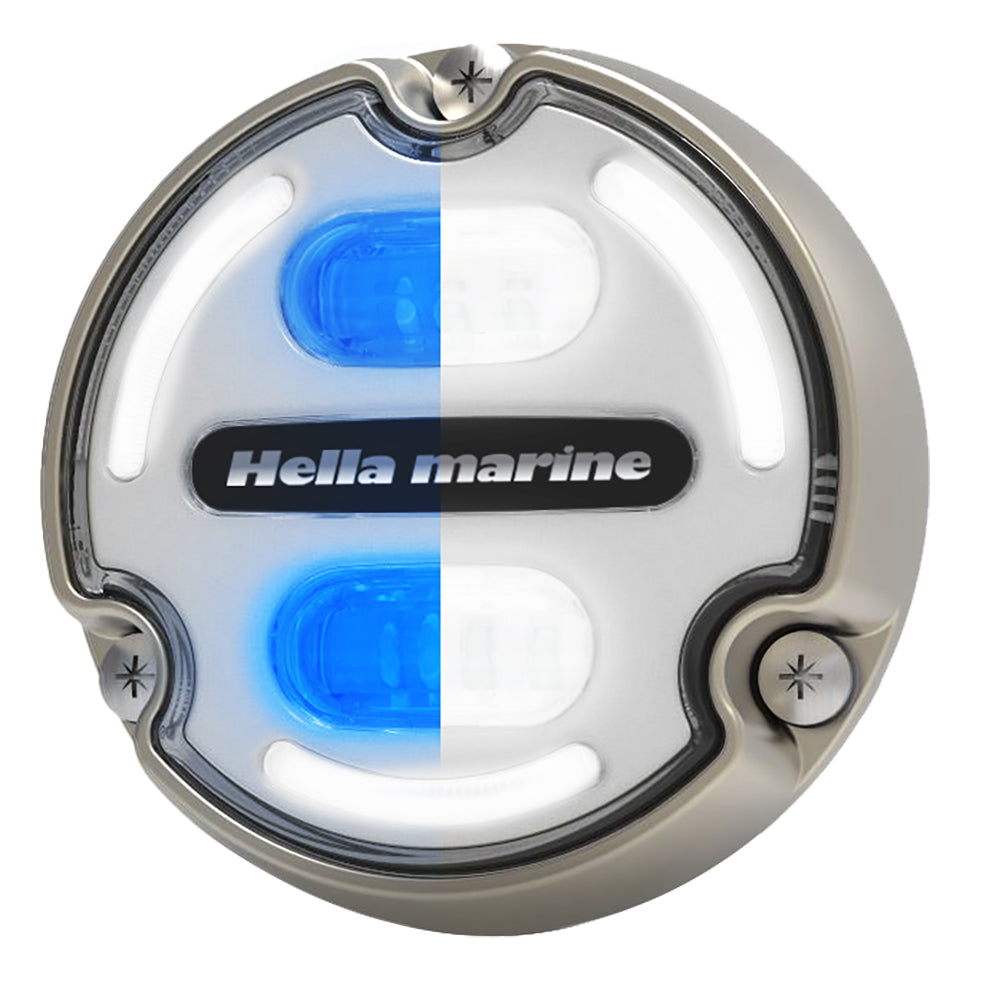 Projecteur sous-marin Hella Marine Apelo A2 bleu et blanc - 3 000 lumens - Boîtier bronze - Lentille blanche avec éclairage périphérique
