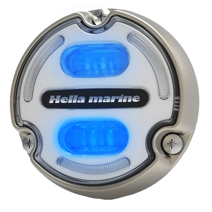Projecteur sous-marin Hella Marine Apelo A2 bleu et blanc - 3 000 lumens - Boîtier bronze - Lentille blanche avec éclairage périphérique