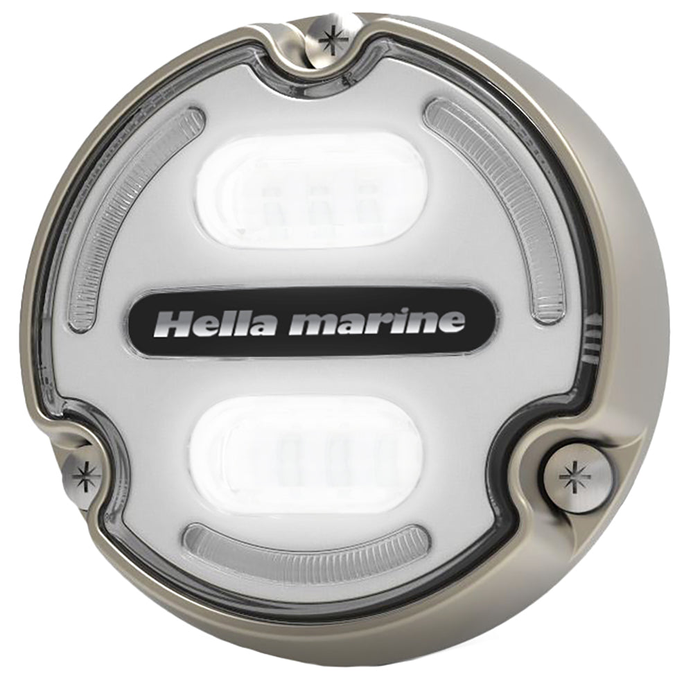 Projecteur sous-marin Hella Marine Apelo A2 bleu et blanc - 3 000 lumens - Boîtier bronze - Lentille blanche avec éclairage périphérique