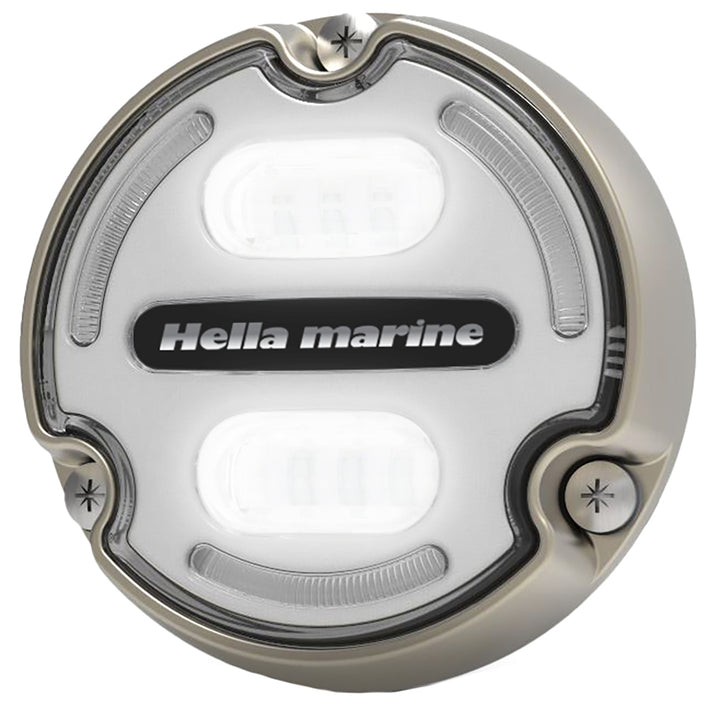 Projecteur sous-marin Hella Marine Apelo A2 bleu et blanc - 3 000 lumens - Boîtier bronze - Lentille blanche avec éclairage périphérique