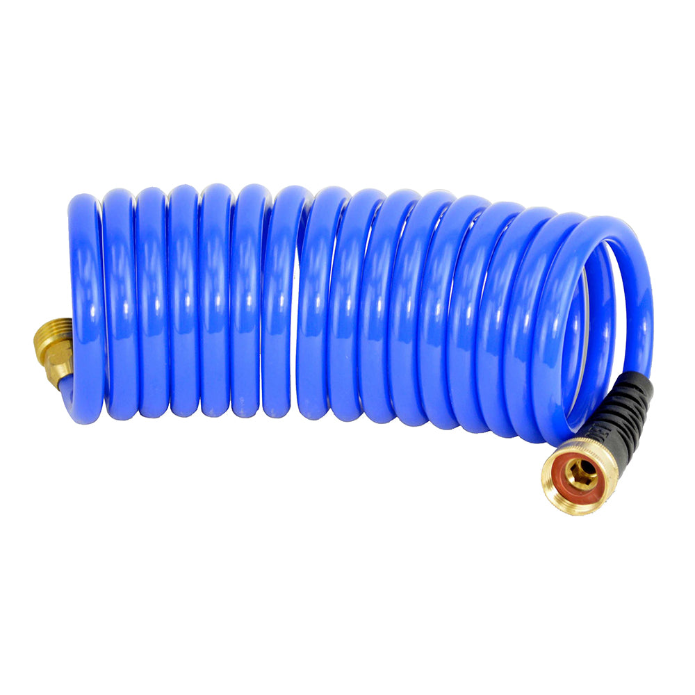 Blue HoseCoil 15-foot self-coiling cleaning hose with flex relief for easy use and flexibility.