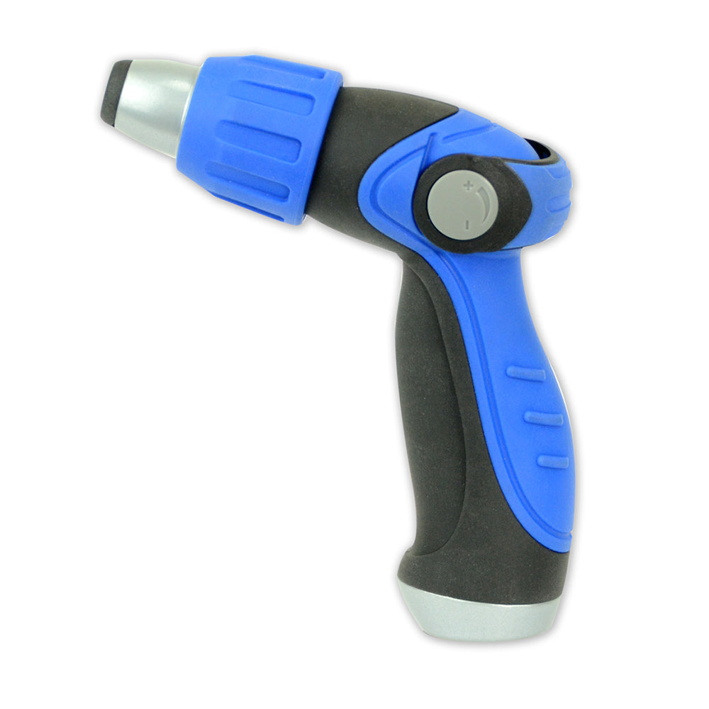 HoseCoil Thumb Lever Spray Nozzle for cleaning, with adjustable spray pattern and ergonomic handle on a garden hose.