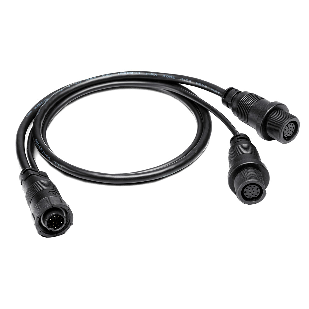 Humminbird 14 M ID SIDB Y splitter cable for SOLIX and APEX side imaging and 2D fish finder accessories, shown with connectors.