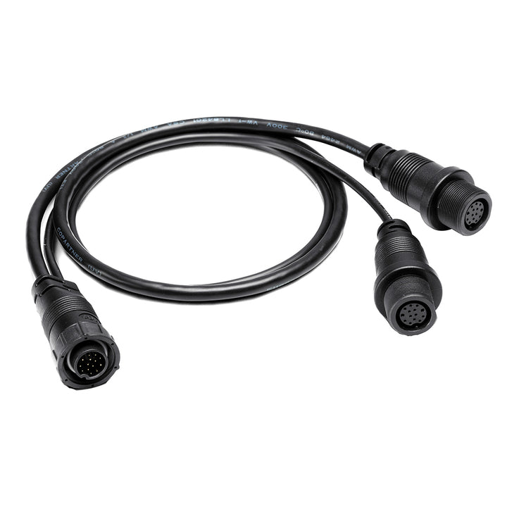 Humminbird 14 M ID SIDB Y splitter cable for SOLIX and APEX side imaging and 2D fish finder accessories, shown with connectors.
