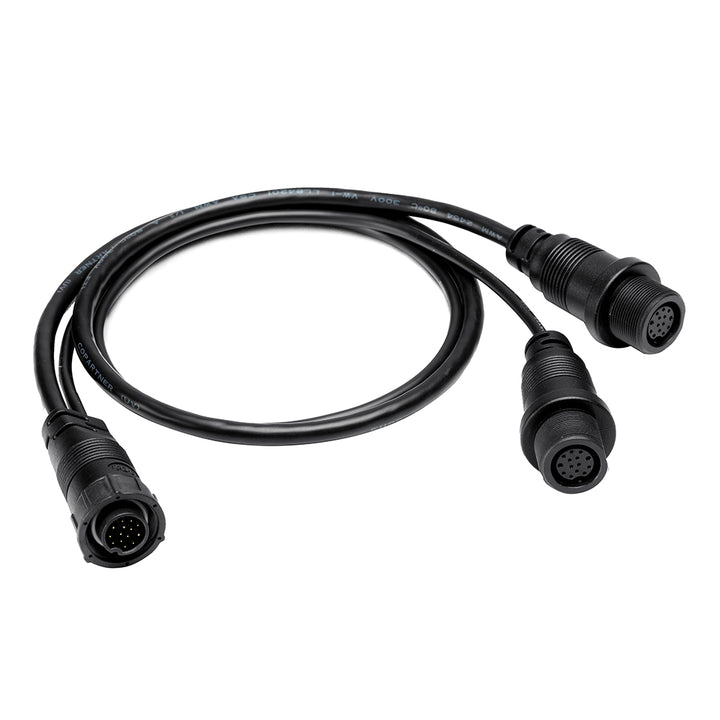 Humminbird 14 M SILR Y splitter cable for SOLIX and APEX side imaging, showing the cable with connectors for accessories.