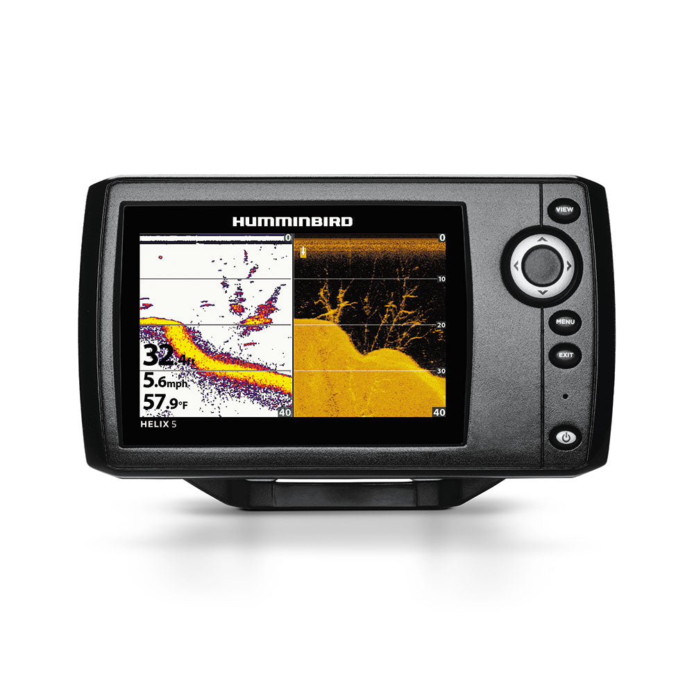 Humminbird HELIX 5 DI G2 fishfinder showing sonar display with depth readings and underwater imagery on the screen.