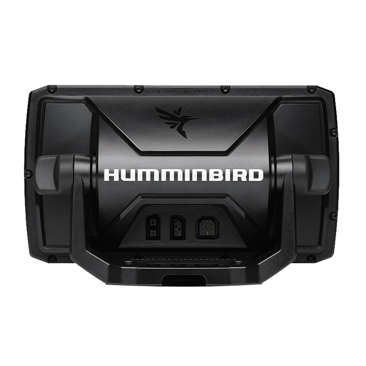 Humminbird HELIX 5 DI G2 fishfinder display showing depth readings and underwater sonar imaging on a boat.
