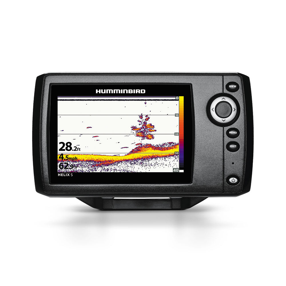 Humminbird HELIX 5 Sonar G2 fishfinder with display screen showing sonar readings and underwater imagery.