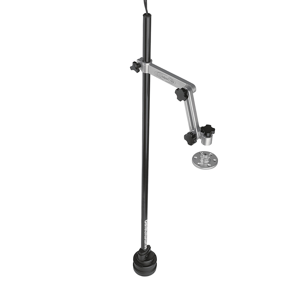 Humminbird MEGA 360 Imaging fishfinder with universal bracket showing the device mounted on a boat for 360-degree sonar scanning.
