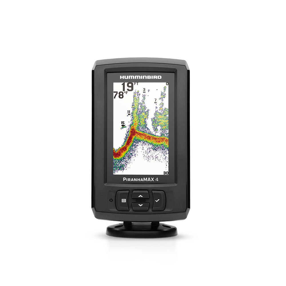 Humminbird Piranhamax 4 fishfinder display showing underwater sonar readings on a boat.