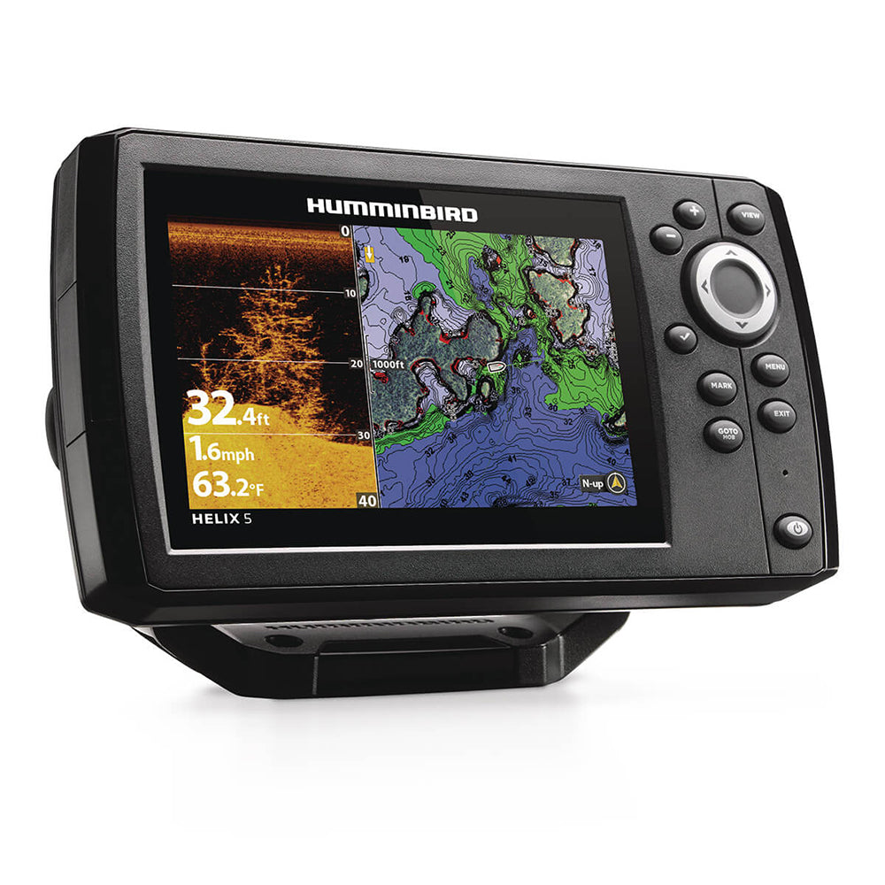 Humminbird HELIX 5 CHIRP DI GPS G3 fishfinder combo displaying sonar screen and GPS map on a boat dashboard.