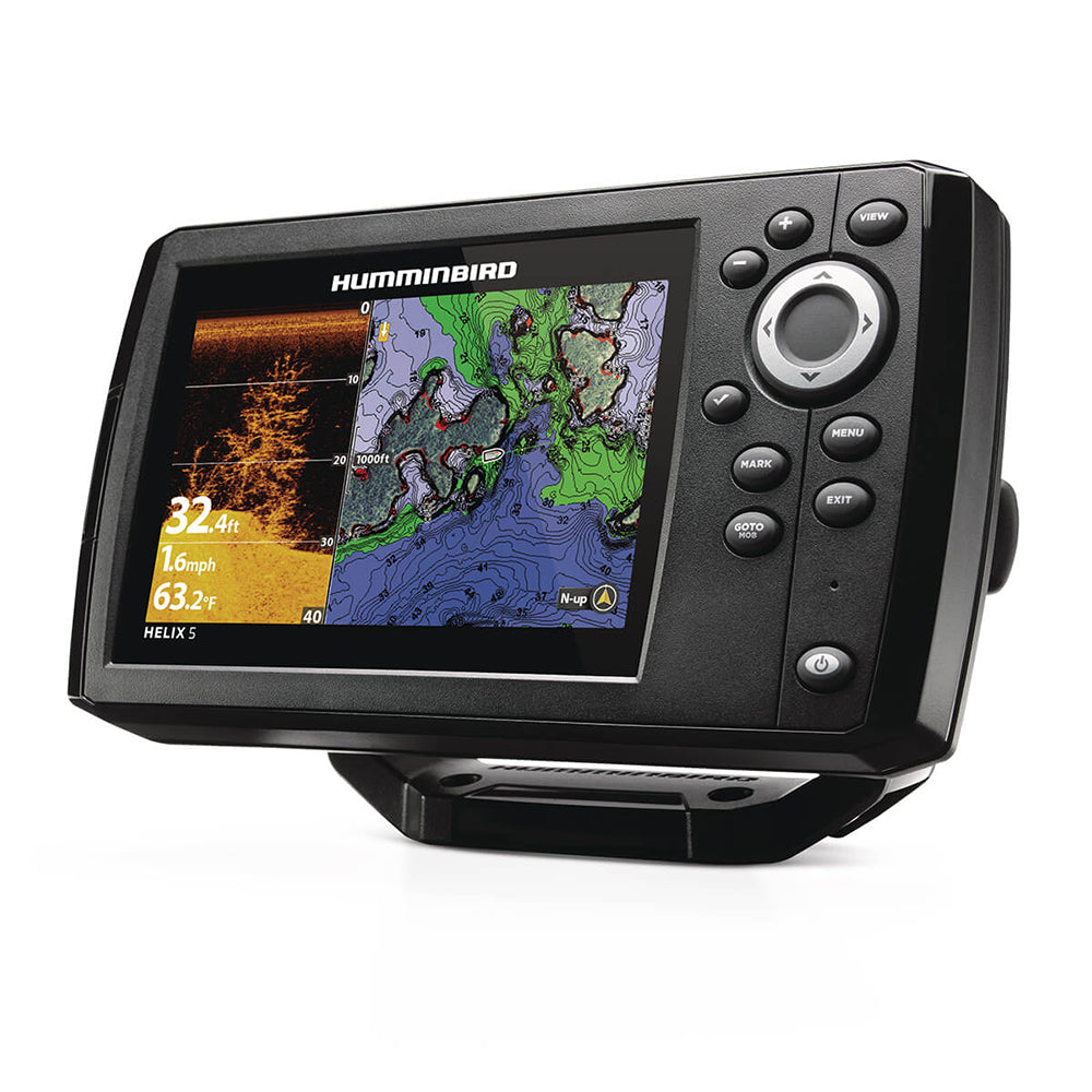 Humminbird HELIX 5 CHIRP DI GPS G3 fishfinder combo displaying sonar screen and GPS map for freshwater fishing.