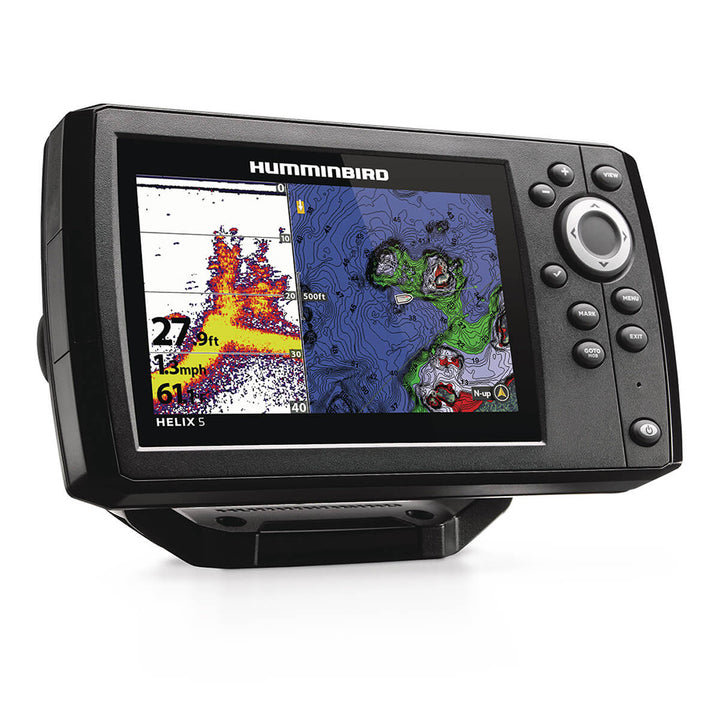 Humminbird HELIX 5 CHIRP GPS Fishfinder Combo G3 display with sonar and mapping features on a boat dashboard.
