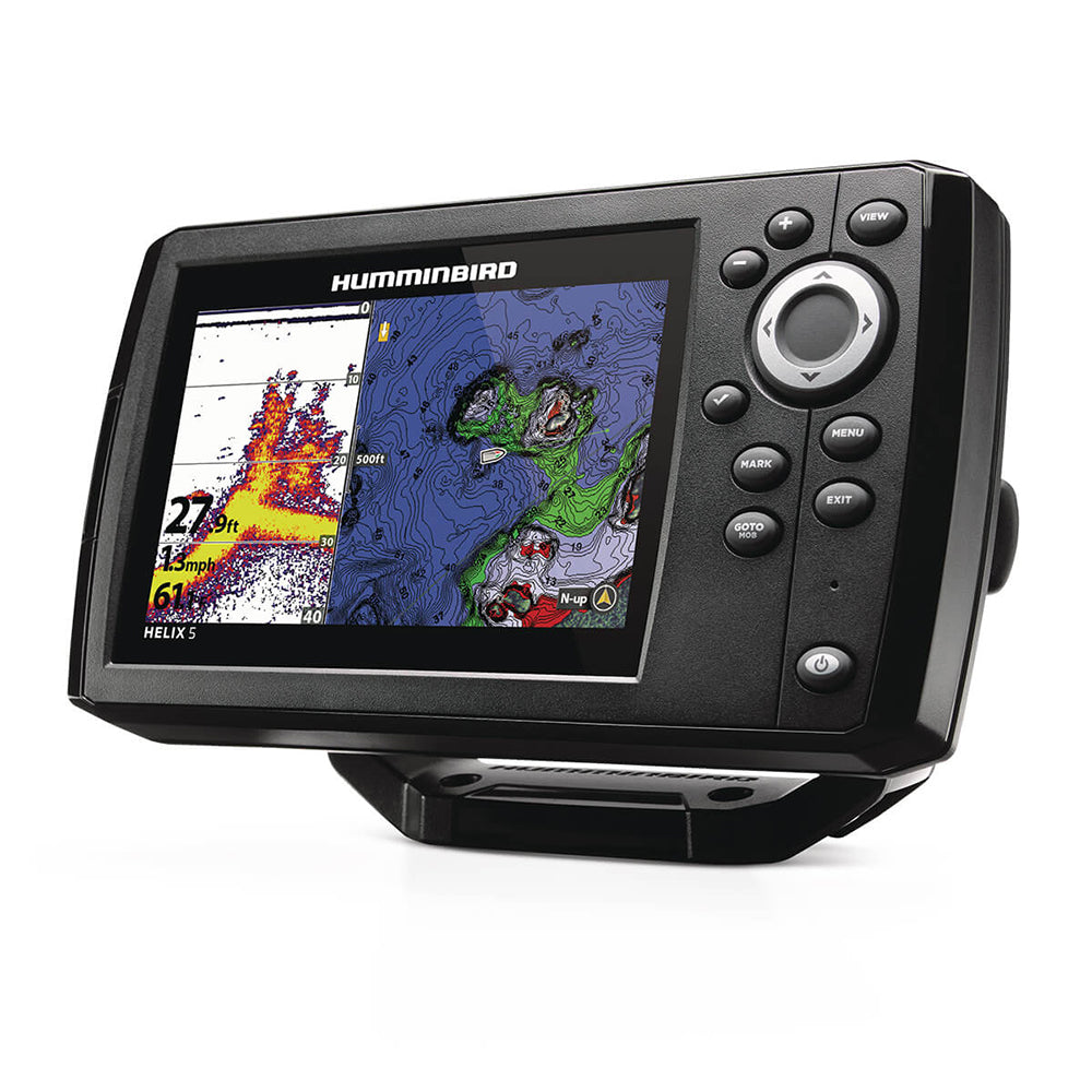 Humminbird HELIX 5 CHIRP GPS Fishfinder Combo G3 display showing sonar readings and GPS mapping on a boat dashboard.