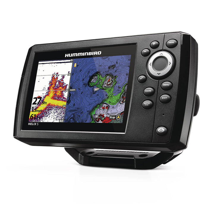 Humminbird HELIX 5 CHIRP GPS Fishfinder Combo G3 display showing sonar readings and GPS mapping on a boat dashboard.