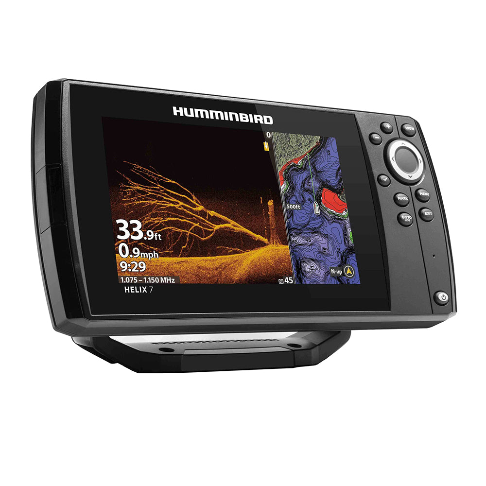 Humminbird HELIX 7 CHIRP MEGA DI GPS G4 fishfinder combo display showing sonar readings and GPS map on a boat.
