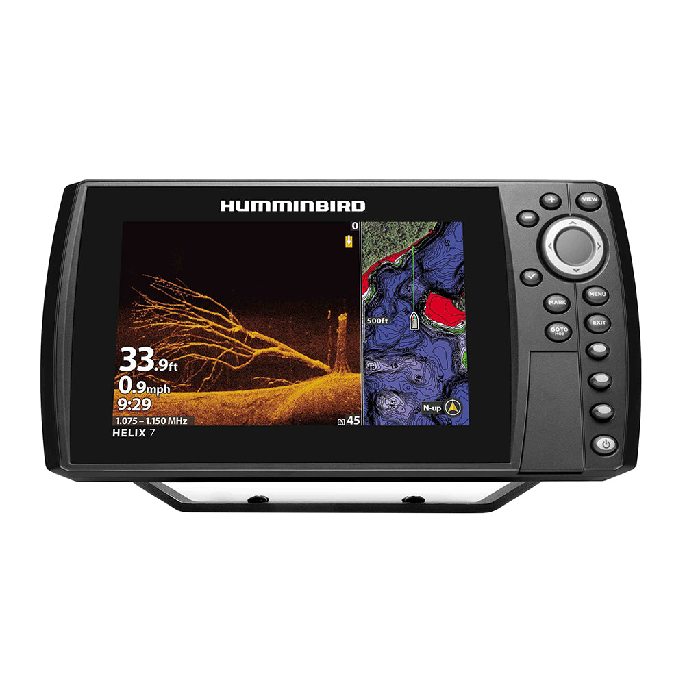 Humminbird HELIX 7 CHIRP MEGA DI GPS G4N fishfinder combo displaying sonar screen and GPS navigation on a boat.