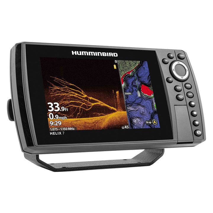 Humminbird HELIX 7 CHIRP MEGA DI GPS G4N fishfinder combo display showing sonar imaging and GPS mapping on a marine screen.