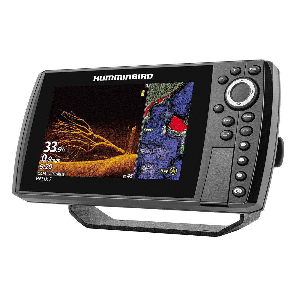 Humminbird HELIX 7 CHIRP MEGA DI GPS G4N fishfinder combo showing the device screen with sonar and GPS mapping features.