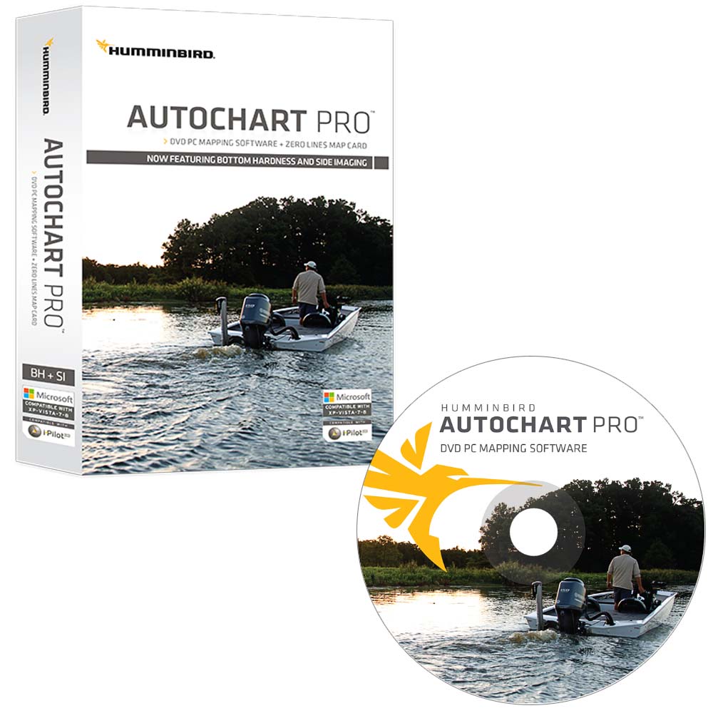 Humminbird AutoChart PRO DVD PC mapping software with Zero Lines Map Card for fish finder mapping and chart creation.