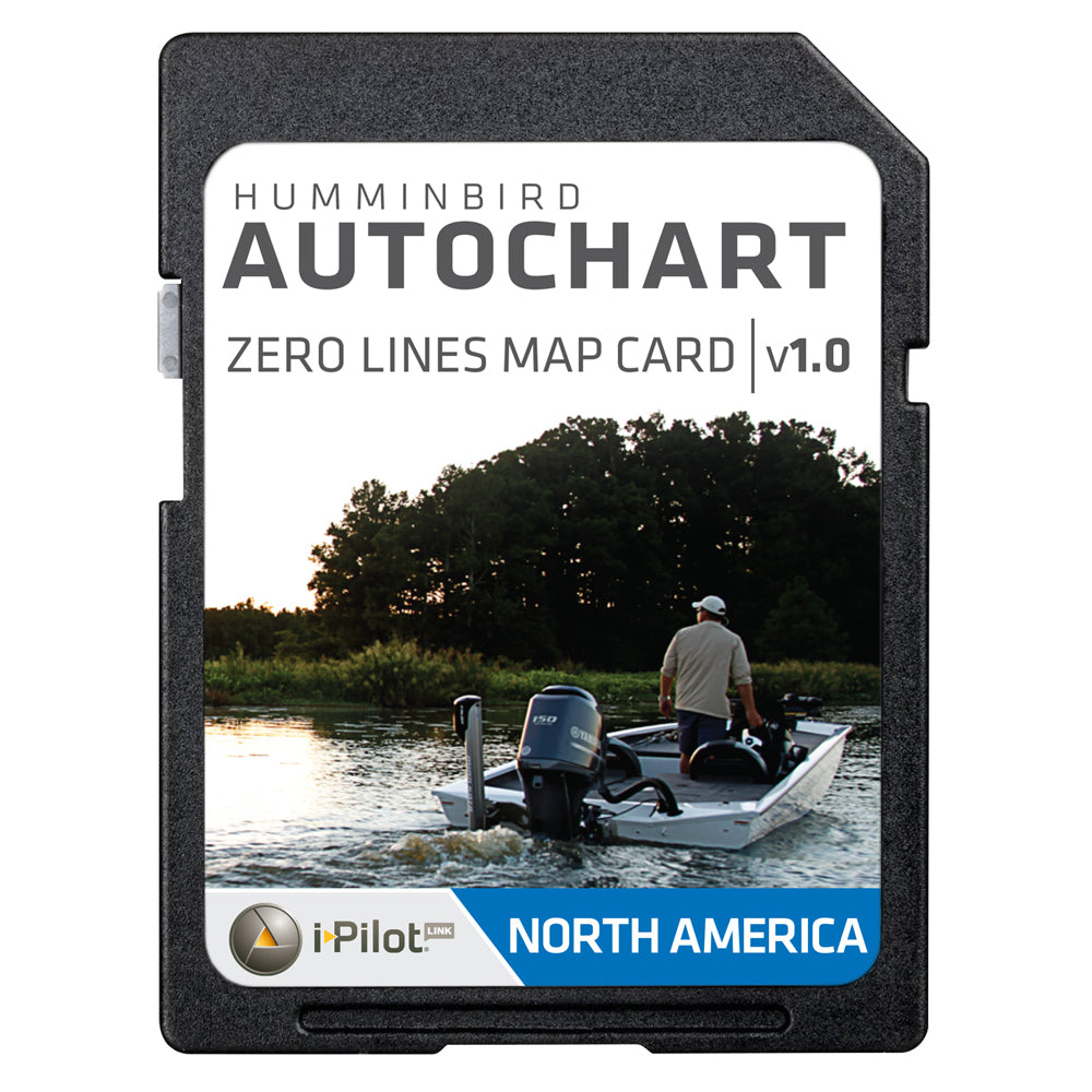 Humminbird AutoChart Zero Lines Map Card showing detailed fishing lake maps with zero-line grid for precise navigation.