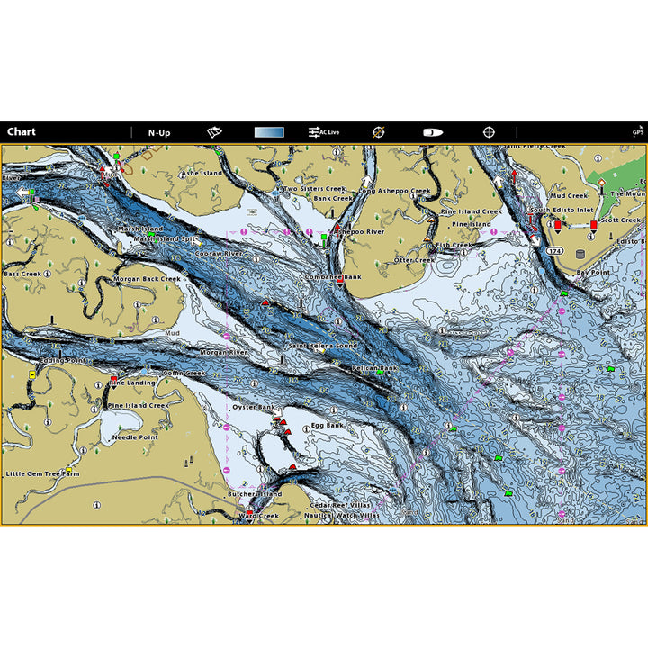 Humminbird Coastmaster Chart displaying detailed marine navigation maps and coastal details on a digital screen.