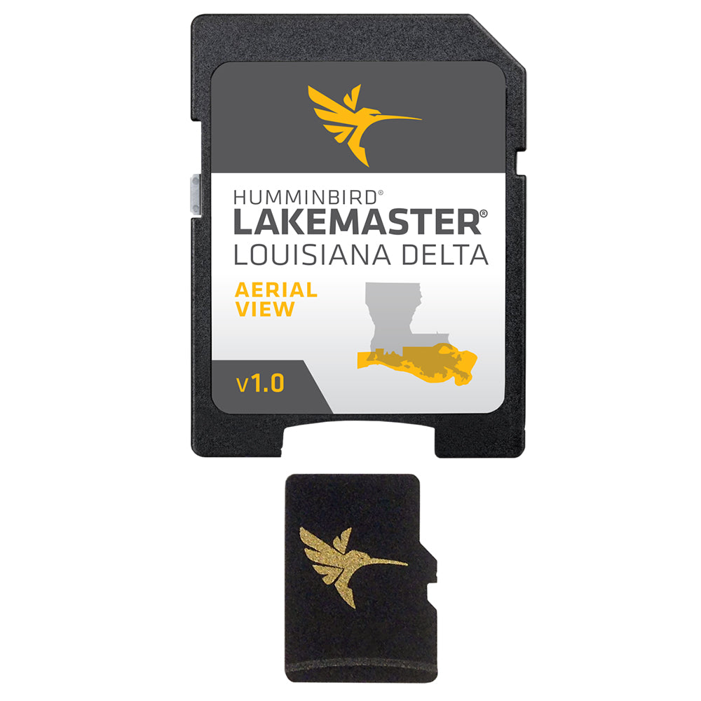 Humminbird LakeMaster aerial satellite view of Louisiana Delta with detailed water and land features for fishing and navigation.