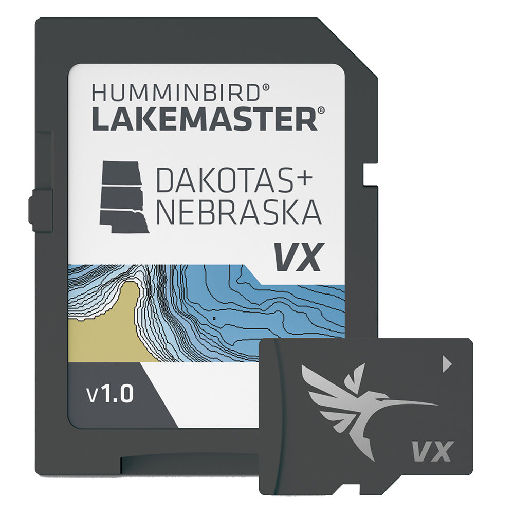 Humminbird LakeMaster VX map card for Dakotas and Nebraska, showing detailed lake and terrain features for fish hunting.