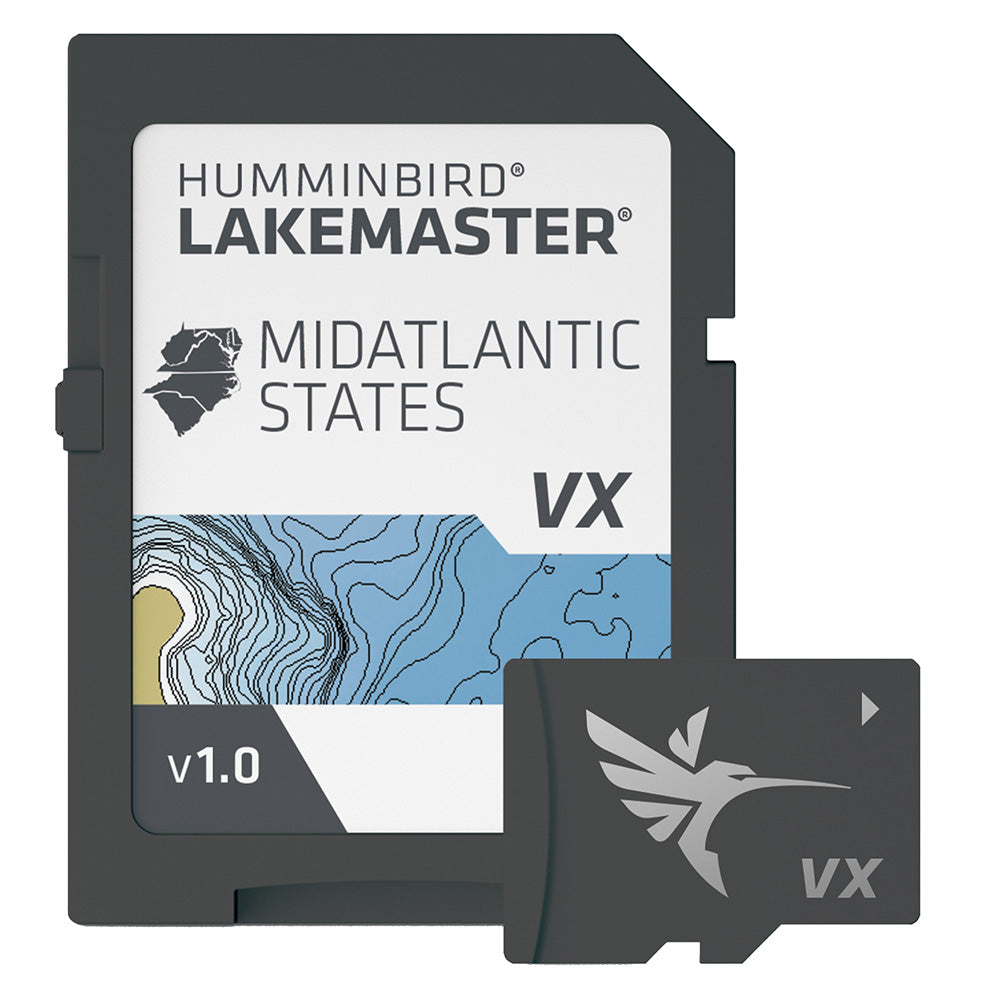 Humminbird LakeMaster VX map for Mid-Atlantic States showing detailed lake and waterway navigation features.